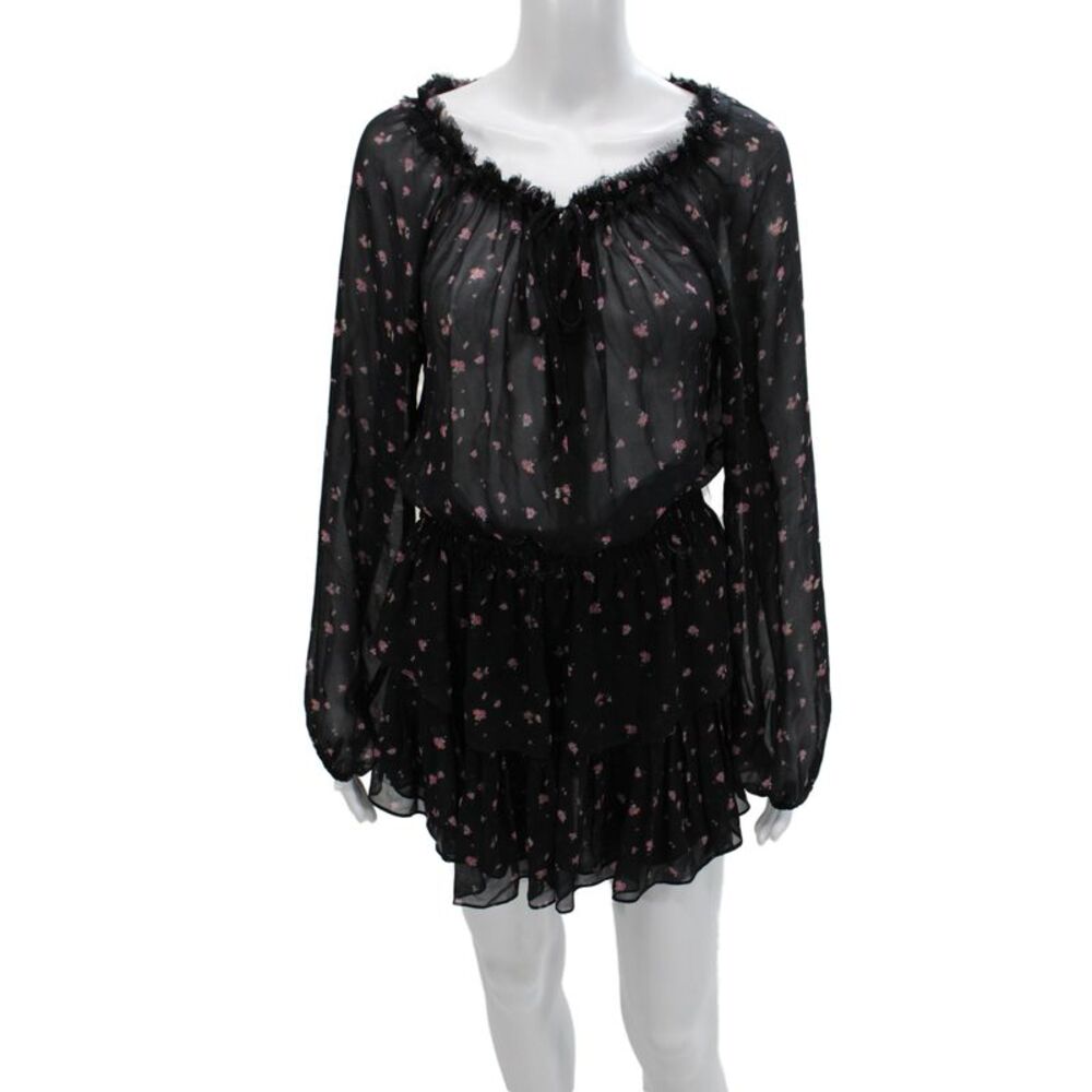 Love Shack Fancy Womens Black Floral Silk Blouson Dress Long Sleeve Size M